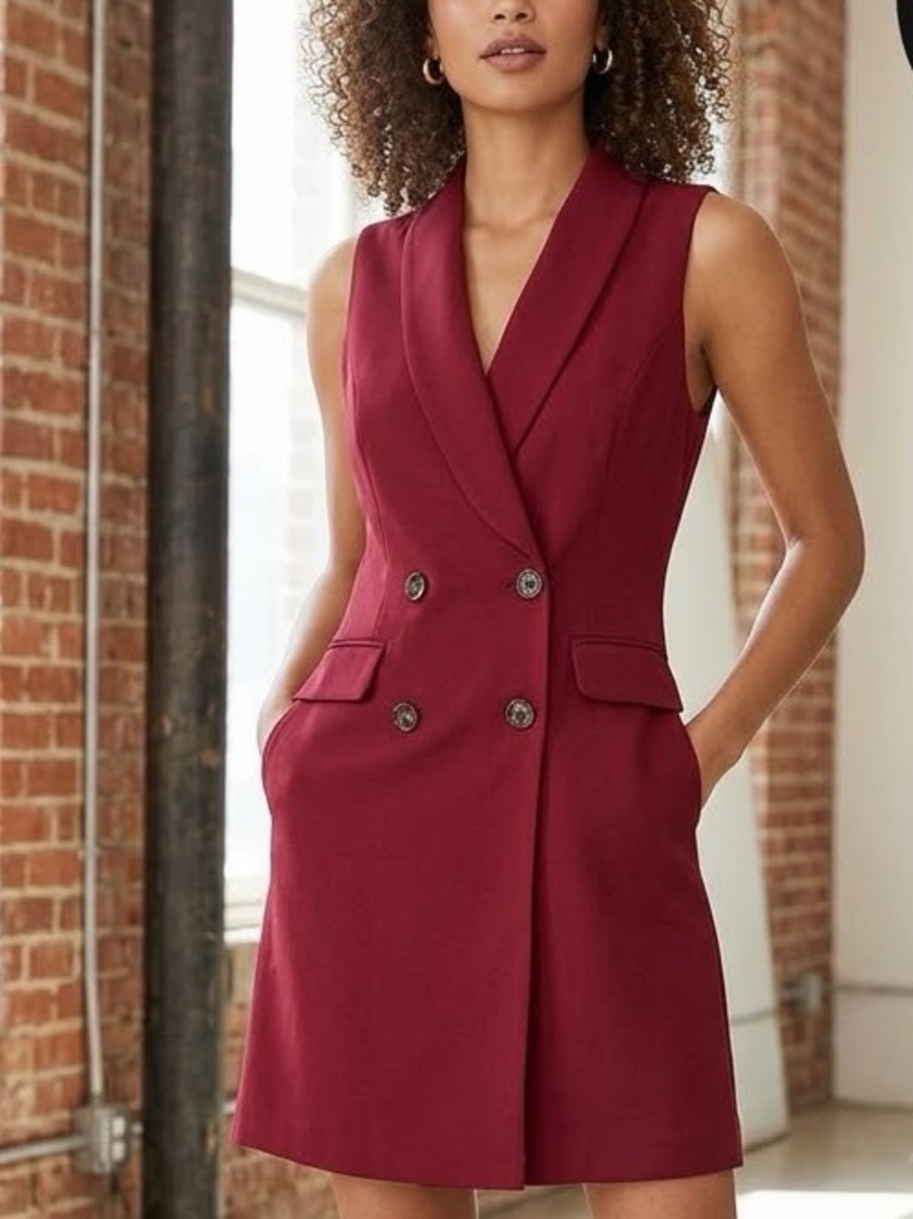 Wine Red Contemporary Forever 21 Sleeveless Double-Breasted Wine Dress